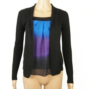 Fendi Roma Silk Blue Purple Stripe Black Silk Wool Layered Cardigan Top